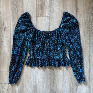 Zara Cropped Peasant Blouse in Blue Black Floral Print Womens Medium Boho Y2K